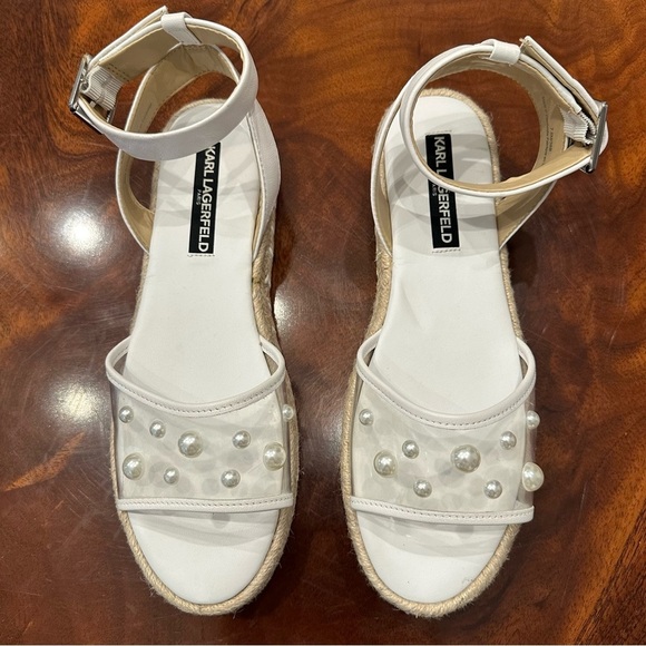 NWOT Karl Lagerfeld White Adalina-Studs Pearl Espadille Sandals size 7.5 - Picture 2 of 11